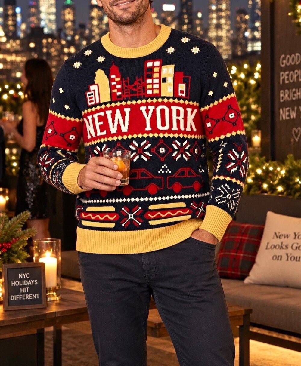 Tipsy Elves Men’s XL New York NYC Ugly Christmas Sweater Taxi Hot Dog Festive